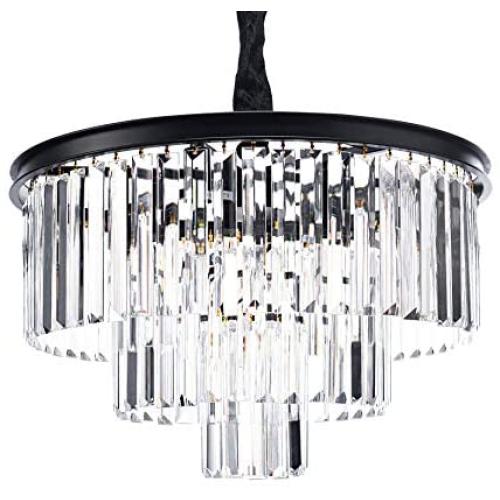 Crystal Chandelier Lighting, W20'' 3-Tier Big Modern Crystal Chandelier Light Fixtures 6 Lights Ceiling Hanging Crystal Pendant Light for Bedroom Dining Room Living Room Entryway Kitchen Island Black