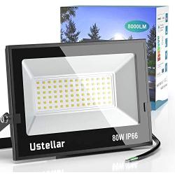 Ustellar Led Flood Lights 80w 1 Pack Led Lights Outdoor Bright 8000LM Security Lighting IP66 Waterproof 5000K Daylight White Exterior House Floodlights Fixture Outside Led Yard Backyard Garage Porch