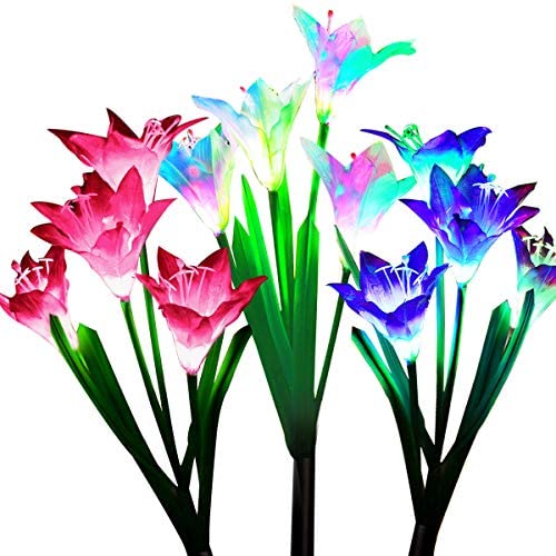 Wohome Outdoor Solar Garden Stake Lights,3 Pack Solar Powered Lights with 12 Lily Flower, Multi-Color Changing LED Solar Landscape Lighting Light for Garden, Patio