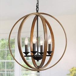 GEPOW Faux Wood Chandeliers for Dining Room Farmhouse Orb Hanging Light Fixture for Kitchen Island, Foyer, Bedroom and Living Room (20 Inches, 4 Light)