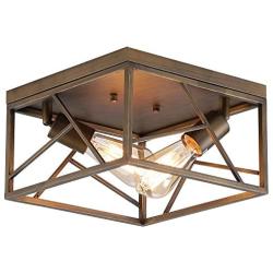 Rustic Antique Gold Flush Mount Light Fixture Two-Light Metal Square Semi Flush Mount Ceiling Light for Hallway Bedroom Kitchen Entryway Dining Room Farmhouse