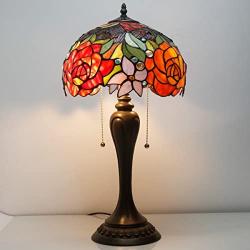 Tiffany Lamp Antique Style Stained Glass Table Light W12H22 Inch Red Rose Lampshade S001 WERFACTORY LAMPS Lover Parents Kids Girlfriend Living Room Bedroom Study Office Coffee Bar Desk Art Crafts Gift