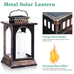 TomCare Solar Lights Outdoor Upgraded Metal Flickering Flame Solar Lantern Outdoor Hanging USB Charged & Larger Size Decorative Lanterns Waterproof LED Decorations Lighting for Patio Garden Deck Yard