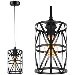 Industrial Metal Pendant Light, Adjustable Hanging Ceiling Lighting Fixture with Cylindrical Clear Glass Shade, Black Vintage Pendant Lights for Kitchen Island Dining Room Hallway Bedroom, E26 Base