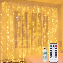 GOODBONG 300 LED Curtain String Lights - 8 Lighting Remote Control Modes USB Fairy Xmas Holiday Decorations Home Garden Bedroom Outdoor Indoor Wall Warm White