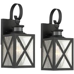 Welling Vintage Outdoor Wall Light Fixtures Set of 2 Carriage Style Textured Black 14 1/2'' Clear Seedy Glass Dusk to Dawn Motion Sensor for Exterior House Porch Patio Deck - John Timberland