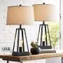 Kacey Industrial Farmhouse Table Lamps Set of 2 with USB Charging Port Nightlight LED Open Column Dark Metal Oatmeal Fabric Drum Shade for Living Room Bedroom Bedside Nightstand - Franklin Iron Works
