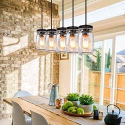 PUZHI HOME Mason Jar Pendant Lights, 5-Light Farmhouse Kitchen Island Light Rustic Chandelier Barn Pendant Lighting Ceiling Lamp for Kitchen Farm Barn Diningroom