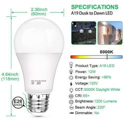 Dusk to Dawn Sensor Light Bulbs, A19 12W (100W Equivalent) LED Auto On Off Light Bulbs, 1200 Lumens, E26 Base, Daylight White 5000K Smart Sensor Lights Outdoor Indoor for Porch Garage Yard, 4-Pack