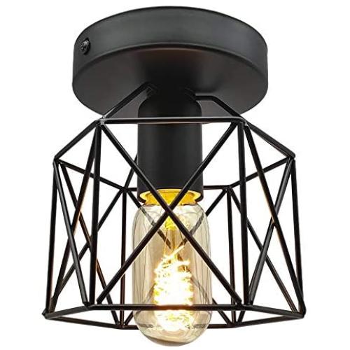 Vintage Industrial Flush Mount Ceiling Light, Bulb Included, E26 E27 Retro Black Metal Semi-Flush Mount Ceiling Light Fixture for Hallway Stairway Bedroom Kitchen Farmhouse Lighting (1 Pack)