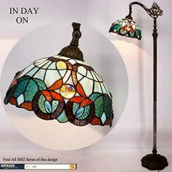 Tiffany Style Reading Floor Lamp Lighting W12H64 Inch Green Blue Stained Glass Floral Lampshade Antique Adjustable Arched Standing Base S802 WERFACTORY LAMPS Girlfriend Lover Bedroom Living Room Gifts