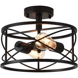 WELTRANS Farmhouse Black Pendant Light, Semi Flush Mount Ceiling Light Fixture with Metal Cage, Modern Chandelier for Bedroom, Kitchen Island, Hallway, Entryway, Garage, Bathroom