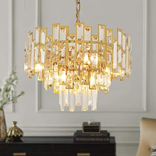 Antilisha Gold Crystal Chandelier Lighting for Dining Rooms Kids Bedroom Foyer Entryway Ceiling Hanging Pendant Chandelier Light Fixture Small Geometric Raindrop Lamp 17.7’’ 6 Lights