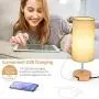 Bedside Lamp with USB port - Touch Control Table Lamp for Bedroom Wood 3 Way Dimmable Nightstand Lamp with Round Flaxen Fabric Shade for Living Room, Kids Room, College Dorm, Office(LED Bulb Included)