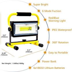 Rechargeable LED Work Light, Tresda 100W COB Portable Floodlight 3000 Lumens IP65 Waterproof Spotlight with Stand for Camping Garage Workshop Site Repairing Job Site Light (with 6 Batteries&Chargers)