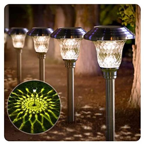 BEAU JARDIN 8 Pack Solar Lights Bright Pathway Outdoor Garden Stake Glass Stainless Steel Waterproof Auto On/off White Wireless Sun Powered Landscape Lighting for Yard Patio Walkway Spike Pathway