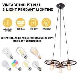 Rustic Industrial 3-Light Pendant Lighting,Oil Rubbed Bronze Vintage Hanging Ceiling Light Fixtures,Vintage Wheel Farmhouse Chandelier E26 for Kitchen Island Dining Room Bedroom Living Room Restaurant