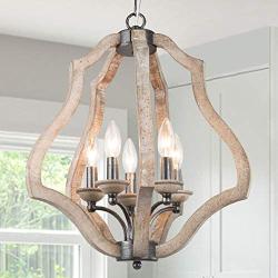 Farmhouse Chandelier, New Modern Orb Kitchen Chandelier, 5-Light Wooden Chandeliers for Dining Rooms, Foyer, Entryway