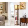 Garwarm LED Shelf Floor Lamp -Asian Wooden Frame-Tall Lights with Organizer Storage Display Shelves-Modern Standing Lamps for Living Room Bedrooms,Brown