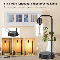 Modern Bedside Table Desk Lamp, 3 Way Dimmable Glass Lampshade Design Industrial Touch Control Table Lamp with 2 USB Ports and 2 AC Outlet, Nightstand Reading Lamp for Bedroom Living Room Office