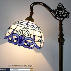 Tiffany Style Reading Floor Lamp Lighting W12H64 Inch White Blue Stained Glass Baroque Lampshade Antique Adjustable Arched Base S003B WERFACTORY LAMPS Living Room Bedroom Beside Table Desk Lover Gifts