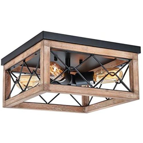 Eyassi Flush Mount Ceiling Lights Fixtures, Farmhouse 4-Light Wooden Close to Ceiling Lighting Black Ceiling Lamp for Kitchen Island Living Room Bedroom Hallway Laundry Entryway