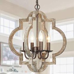 T&A Farmhouse Orb 4 Lights Chandelier, Handmade Wood Brown Light Fixture for Kitchen Island Entryway Foyer Dining Room