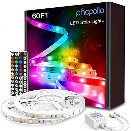 Phopollo Led Strip Lights 60ft 5050 RGB Flexible Led Lights with 44 Keys Remote Controller and 12V Power Supply