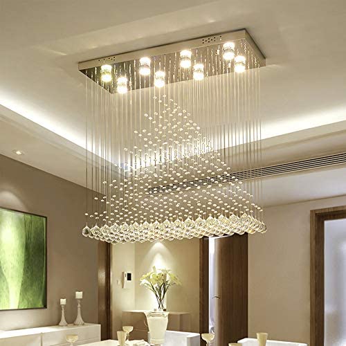 Moooni Modern Rectangle Crystal Chandeliers Rectangular Flush Mount Raindrop Ceiling Light Fixture for Dining Room Kitchen Island 10 Ligths L47''x W12''x H31.5''