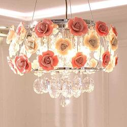 Healer 19.7 inch Crystal Chandelier Ceiling Light Semi Flush Mount Fixtures with 5 E12 Base, Modern Romantic Ceramics Rose Decoration Hanging Lighting Fix for Dining/Living Room Bedroom