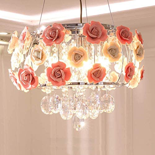 Healer 19.7 inch Crystal Chandelier Ceiling Light Semi Flush Mount Fixtures with 5 E12 Base, Modern Romantic Ceramics Rose Decoration Hanging Lighting Fix for Dining/Living Room Bedroom