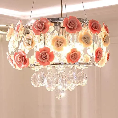 Healer 19.7 inch Crystal Chandelier Ceiling Light Semi Flush Mount Fixtures with 5 E12 Base, Modern Romantic Ceramics Rose Decoration Hanging Lighting Fix for Dining/Living Room Bedroom