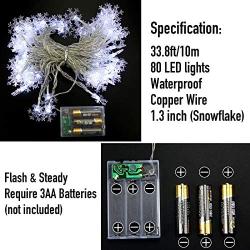 80 LED Christmas Lights, 32.8 ft Snowflake String Lights Fairy Lights Battery Operated Waterproof for Xmas Garden Patio Bedroom Party Decor Indoor Outdoor Celebration Lighting, White