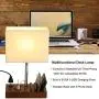 Briever USB Table Lamp, Multi-Functional Bedside Desk Lamp with 2 AC Outlets, 3 USB Charging Ports and Wooden Phone Stands, Modern Nightstand Lamp for Bedroom, Guest Room, Office