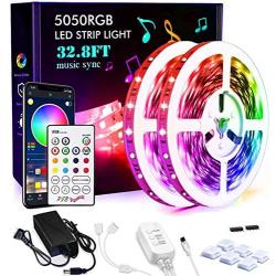 Wrrlight LED Strip Lights RGB Strips 32.8ft Tape Light 300 LEDs SMD5050 Music Sync Color Changing + Bluetooth Controller + 24Key Remote Control Decoration for Home TV Party - APP Controlled