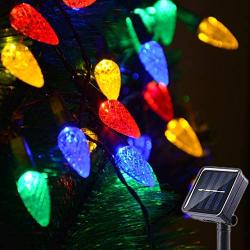 Solar Christmas Lights Outdoor C6 Strawberry String Lights, LED Christmas Fairy Lights 50 LEDs Solar Operated Rechargeable Garden Lights for Christmas Tree, Holiday, Arbor Decor (Multicolor, 8 Modes)