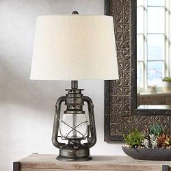 Murphy Rustic Industrial Accent Table Lamp Miner Lantern Weathered Bronze Clear Glass Oatmeal Fabric Drum Shade for Living Room Bedroom Bedside Nightstand Office Family - Franklin Iron Works