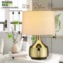 Gold Plating Metal Table Lamp, LMS 21” Classic Bedside Lamp with Linen Drum Lampshade, Modern Nightstand Lamps for Living Room, Bed Room, Dining Room, LMS-044