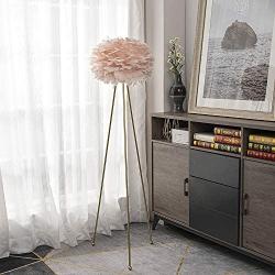 Maxax Feather Floor lamp Modern Tripod Floor Lamp with Pink Feather Shade, Standing Light for Bedrooms/Living Room/Dining Room/Kitchen,Gold Classic