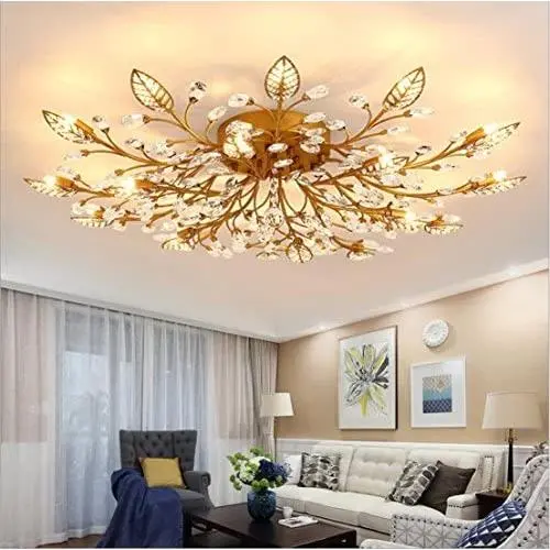 Diy FamilyModern Crystal LED Ceiling Lamp，Leaf Flush Mount Ceiling Light Fixture Decorative Crystal Chandelier For Dining Room Bedroom Livingroom Pendant Light(21-head) Gold