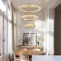 Crystal Pendant Lighting Warm White Modern LED Ceiling Lights Fixtures Adjustable Stainless Steel Long Crystal Chandelier Light with 3 Rings Ceiling Lamp for Bedroom Living Room Dining Room