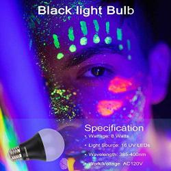 UV LED Black Light Bulbs 2 Pack, A19 E26 8W Blacklight Bulb for Glow in The Dark, UVA Level 385-400nm, Blacklight Light Bulbs for Parties Body Paint Fluorescent Poster Pet Stains