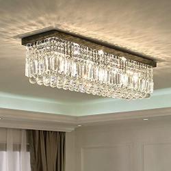 SILJOY Rectangular Raindrop Crystal Chandelier Lighting Modern Ceiling Lights Flush Mount Fixture L31.5'' X W10'' X H10''