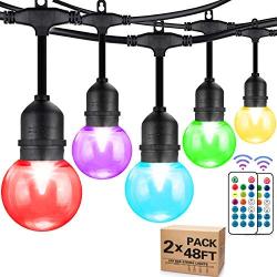 WENFENG 96 Ft Outdoor String Lights, 2 Pack 48Ft RGB Color Changing Patio Lights with 30+5 pcs Shatterproof Led Edison Bulbs, Remote Control Dimmable Waterproof Hanging Lights for Party, Wedding Decor