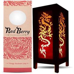 Red Berry Bedside Japanese Lamp - Vintage Asian Inspired Decorative Table Lamp with Fabric Square Lamp Shade - Retro White Dragon Lamp for Bedroom Nightstand, Desk, Living Room, Dorm ( White Dragon)