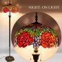 Tiffany Style Floor Standing Lamp W16H64 Inch Tall Stained Glass Red Rose Shade 2E26 Antique Read Lighting Resin Base S001 WERFACTORY LAMPS Bedroom Living Room Bedside Coffee Table Bookcase Lover Gift