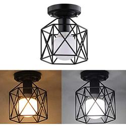 Ceiling Light Fixture,Retro Vintage Flush Mount Light Fixture E26 E27 Base Metal Caged Industrial Mini Pendant Light for Hallway Porch Bathroom Stairway Farmhouse Kitchen 2 Pack