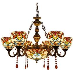 CraftThink Pendant Lighting LED Chandelier Light Antique Tiffany Style Stained Glass 6+1-Light with Amber Droplet Decorations Hanging Light for Dining Living Cafe Room Restaurant - TYP C2- Flower