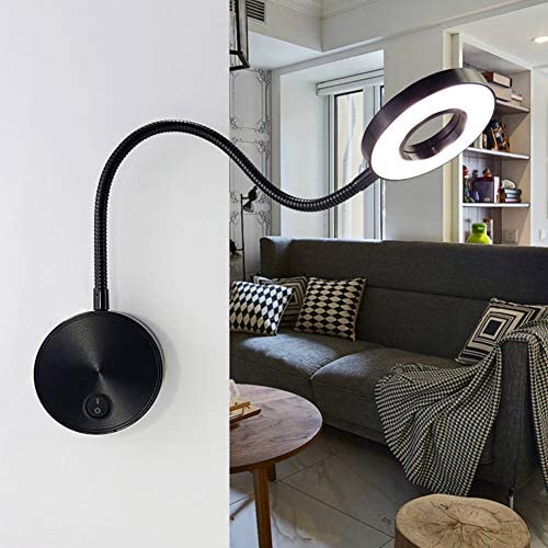 TopDeng Led Gooseneck Wall Lights, 5w Adjustable Angle Hardwired Hose Flexible Wall lamp Bedroom Study Room Reading Light 40cm-Black-with Switch Cold White