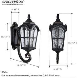 LONEDRUID Outdoor Wall Light Fixtures Black Roman 17.71''H Exterior Wall Lantern Waterproof Sconce Porch Lights Wall Mount with Water Glass Shade for House, UL Listed